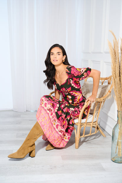 aidan mattox Floral Print Maxi Dress With Puff Sleeves In Hunter Multi