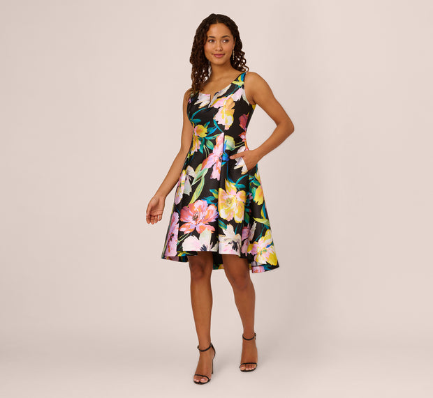 Aidan Mattox Floral Print Mikado Sleeveless Dress With High Low Skirt In Black Mult