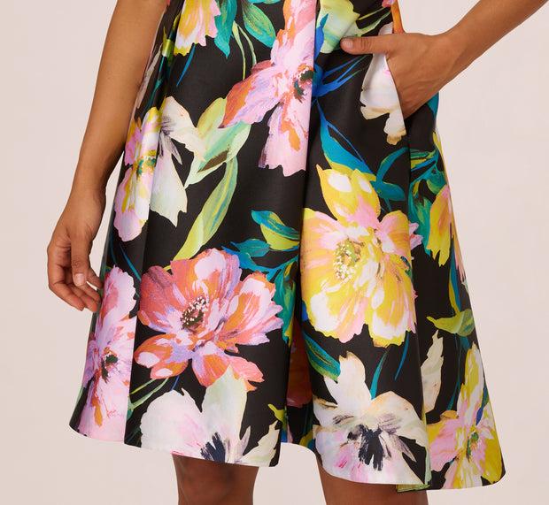 Aidan Mattox Floral Print Mikado Sleeveless Dress With High Low Skirt In Black Mult