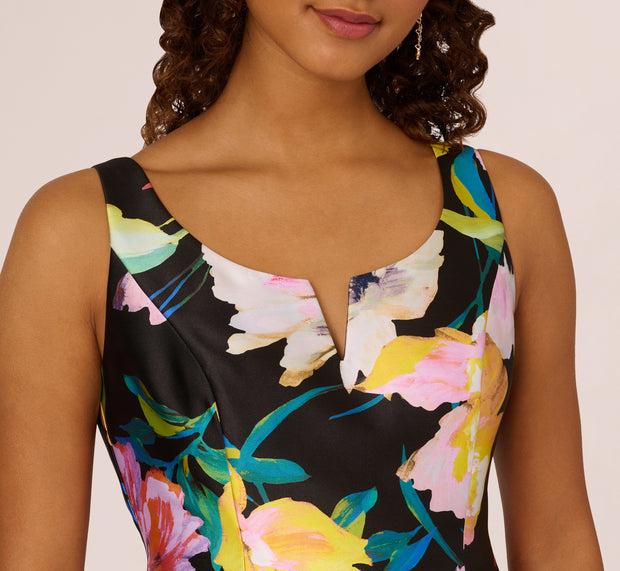 Aidan Mattox Floral Print Mikado Sleeveless Dress With High Low Skirt In Black Mult