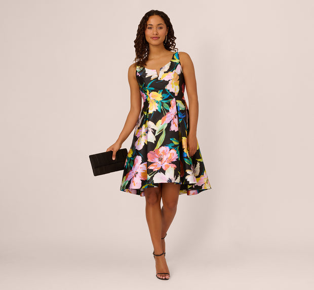 aidan mattox Floral Print Mikado Sleeveless Dress With High Low Skirt In Black Mult