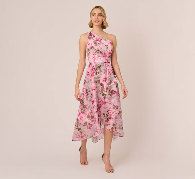 Aidan Mattox Floral Print Organza Midi Dress With One Shoulder Neckline In Pink Mul