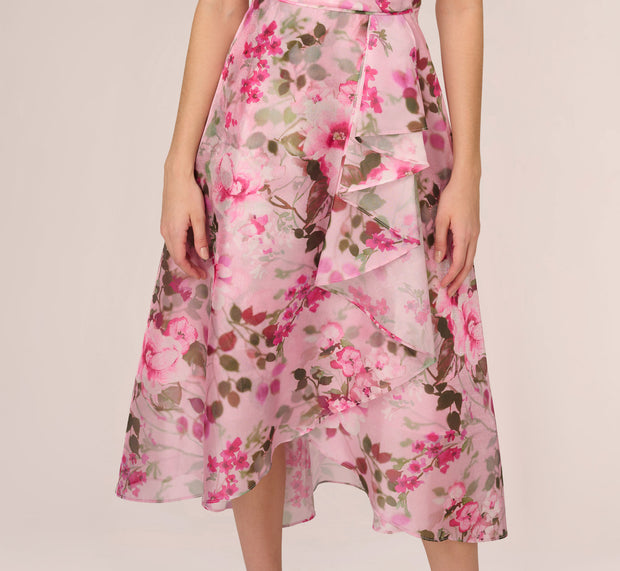 Aidan Mattox Floral Print Organza Midi Dress With One Shoulder Neckline In Pink Mul