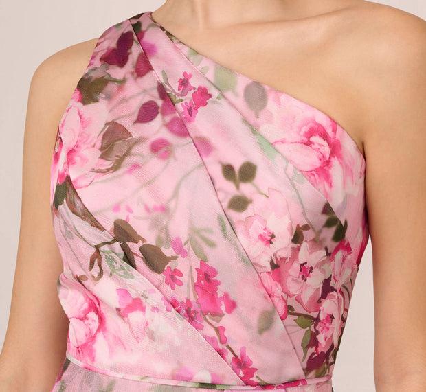 Aidan Mattox Floral Print Organza Midi Dress With One Shoulder Neckline In Pink Mul