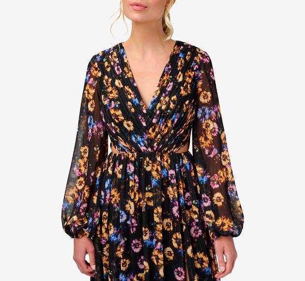 Aidan Mattox Floral-Print Pleated Chiffon Long A-Line Gown In Black Multi