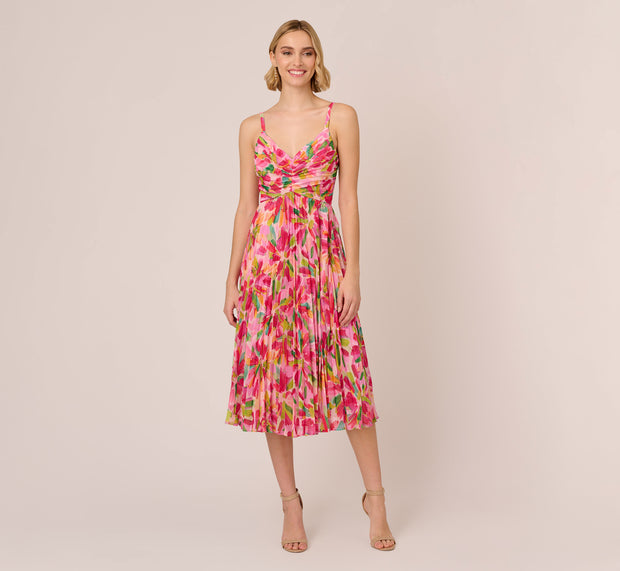 Aidan Mattox Floral Print Pleated Chiffon Midi Dress In Pink Green Multi
