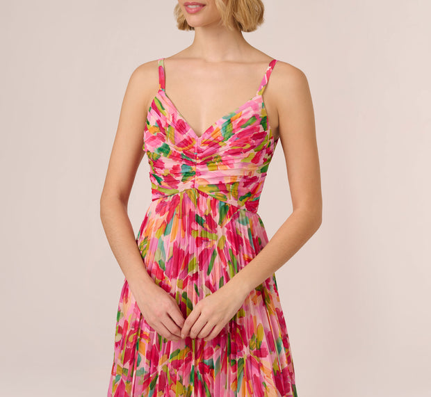 Aidan Mattox Floral Print Pleated Chiffon Midi Dress In Pink Green Multi