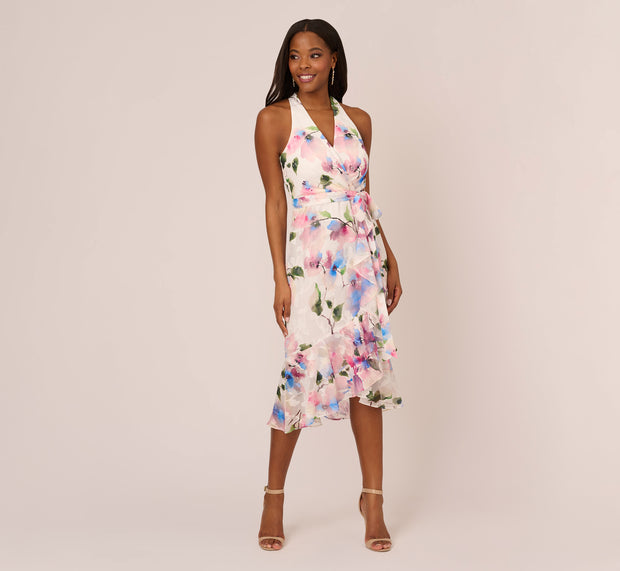 Aidan Mattox Floral Printed Chiffon Halter Dress With Self Tie Waist In Ivory Pink
