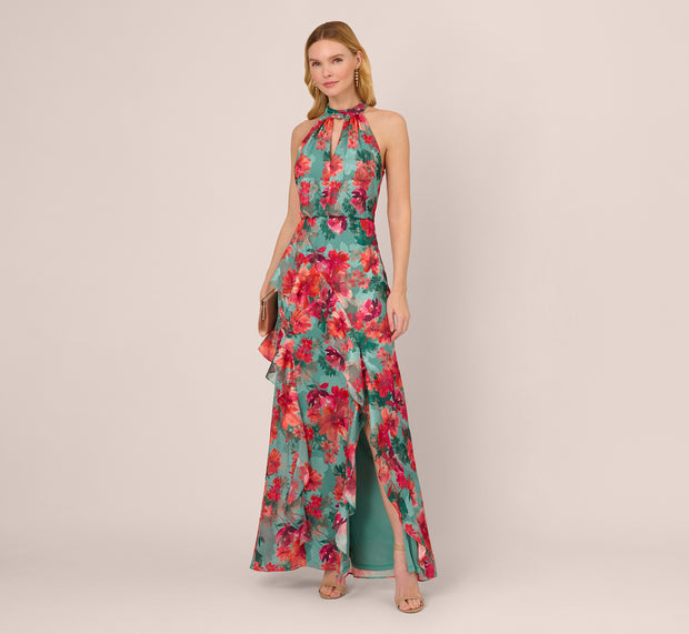 Aidan Mattox Floral Printed Halter Mermaid Gown With Ruffle Details In Turquoise Mu