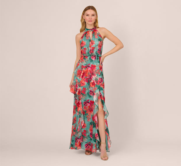 Aidan Mattox Floral Printed Halter Mermaid Gown With Ruffle Details In Turquoise Mu