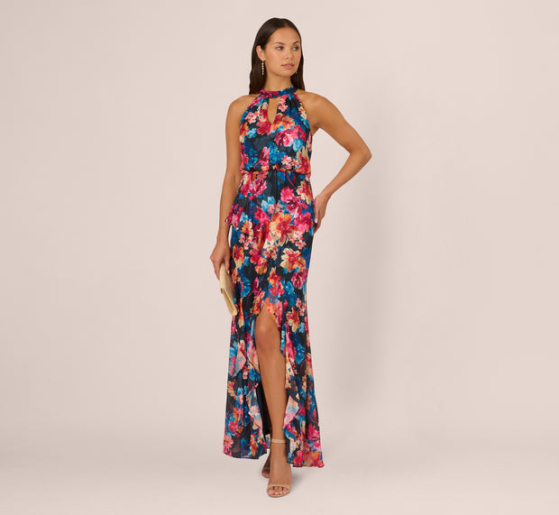 aidan mattox Floral Printed Halter Mermaid Gown With Ruffle Details In Navy Multi