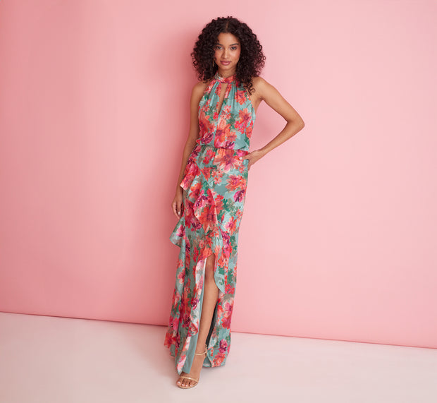 aidan mattox Floral Printed Halter Mermaid Gown With Ruffle Details In Turquoise Mu