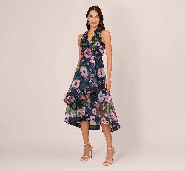 Aidan Mattox Floral Printed High Low Organza Halter Dress In Navy Multi