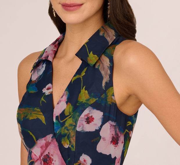 Aidan Mattox Floral Printed High Low Organza Halter Dress In Navy Multi