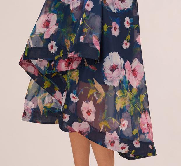 Aidan Mattox Floral Printed High Low Organza Halter Dress In Navy Multi