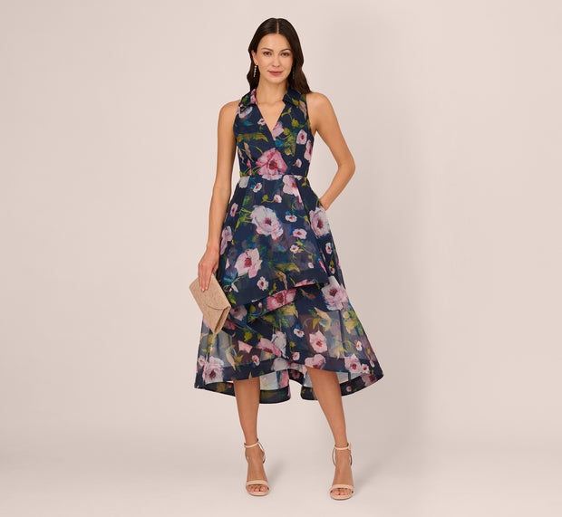 aidan mattox Floral Printed High Low Organza Halter Dress In Navy Multi