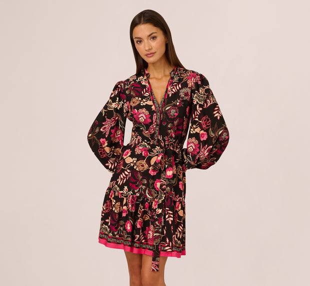 Aidan Mattox Floral Printed V Neck Button Front Dress With Long Sleeves In Black Mu