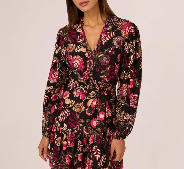 Aidan Mattox Floral Printed V Neck Button Front Dress With Long Sleeves In Black Mu