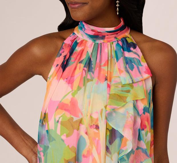 Aidan Mattox Floral Ruffle Chiffon Halter Trapeze Dress In Pink Multi