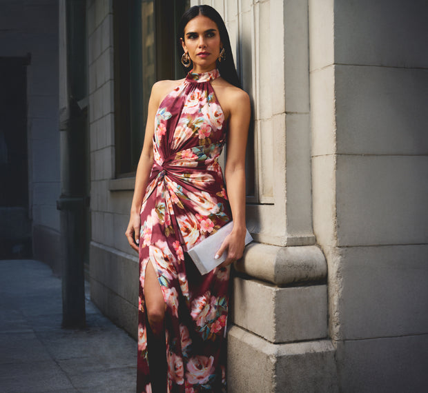 aidan mattox Floral Satin Twist Waist Halter Gown In Brown Multi