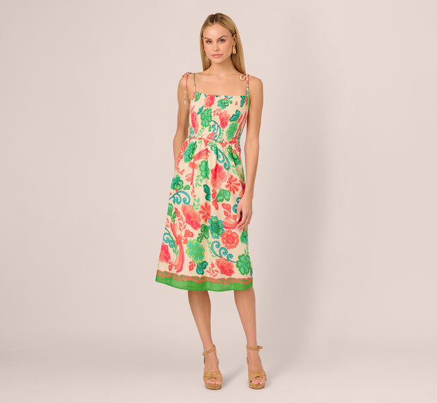 Aidan Mattox Floral Shirred Cotton Midi Sundress In Ivory Multi