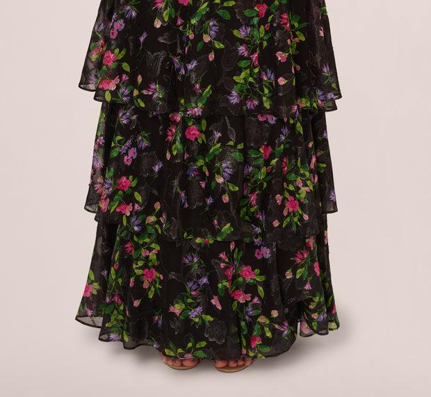 Aidan Mattox Floral Tiered Chiffon Gown With Flutter Sleeves In Black Multi
