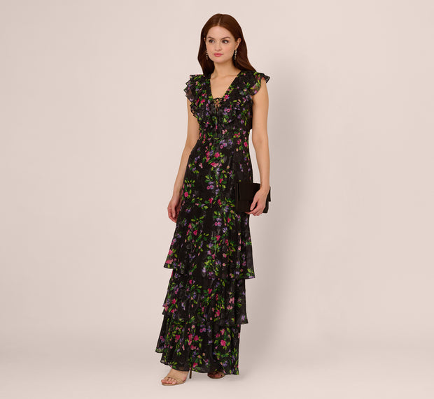 aidan mattox Floral Tiered Chiffon Gown With Flutter Sleeves In Black Multi