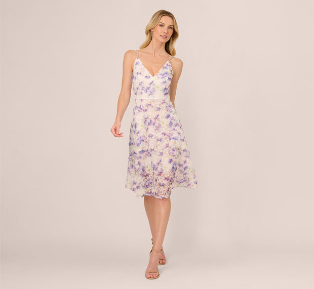 Aidan Mattox Floral Tulle Soutache A Line Midi Dress With Embellished Straps In Ivo