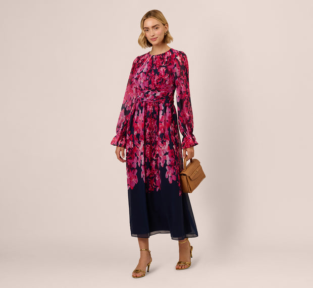 Aidan Mattox Floral Wrap Waist Ankle Dress In Navy Pink Multi
