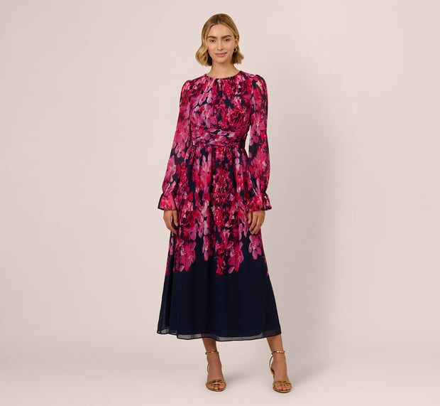 Aidan Mattox Floral Wrap Waist Ankle Dress In Navy Pink Multi