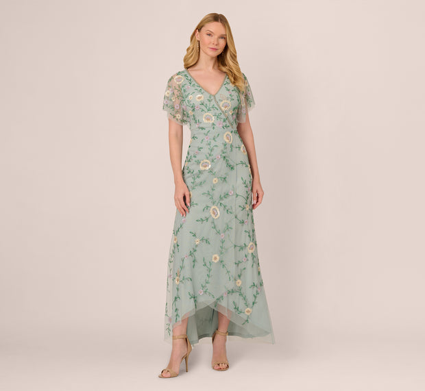 Aidan Mattox Flutter Sleeve Beaded Wrap Dress In Aqua Dust