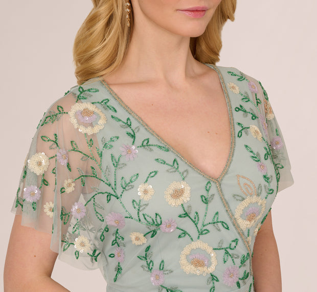 Aidan Mattox Flutter Sleeve Beaded Wrap Dress In Aqua Dust