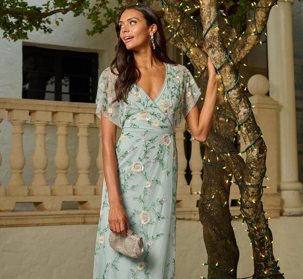 aidan mattox Flutter Sleeve Beaded Wrap Dress In Aqua Dust