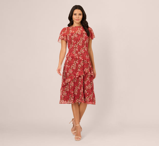 Aidan Mattox Flutter Sleeve Boat Neck Floral Chiffon Midi Dress In Mocha Multi
