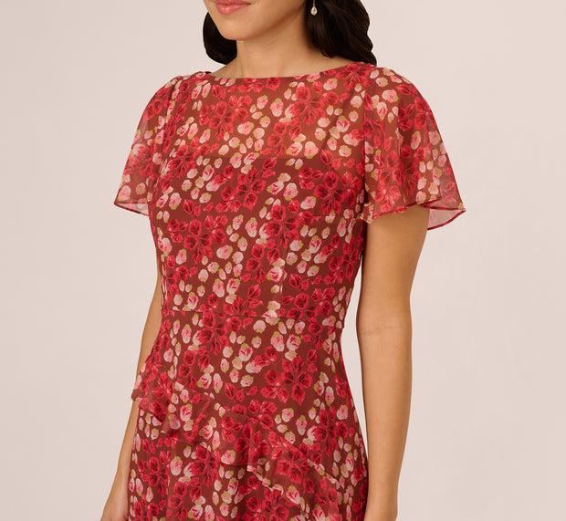 Aidan Mattox Flutter Sleeve Boat Neck Floral Chiffon Midi Dress In Mocha Multi