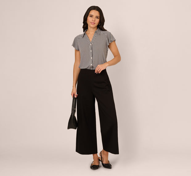 Aidan Mattox Flutter Sleeve Button Front Printed Top In Black Ivory Small Stripe