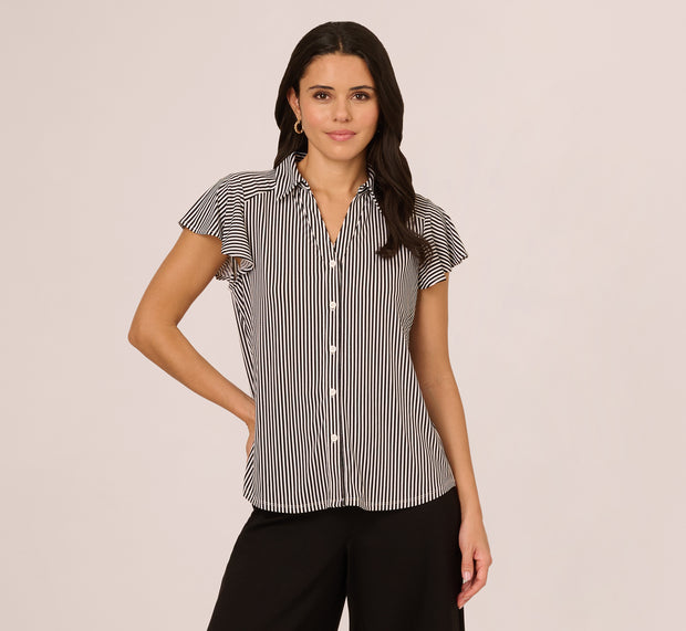 Aidan Mattox Flutter Sleeve Button Front Printed Top In Black Ivory Small Stripe