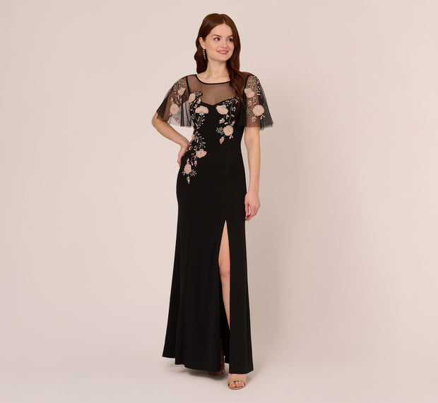 Aidan Mattox Flutter Sleeve Crepe Gown With Floral Sequin Beading In Black Blush Mu