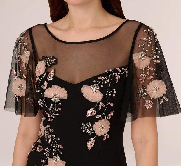 Aidan Mattox Flutter Sleeve Crepe Gown With Floral Sequin Beading In Black Blush Mu