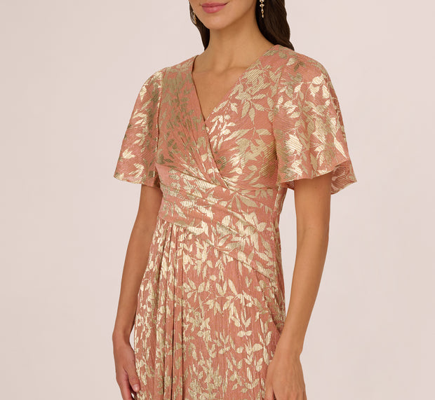 Aidan Mattox Flutter Sleeve Draped Foil Leaf Midi Dress In Coral Gold
