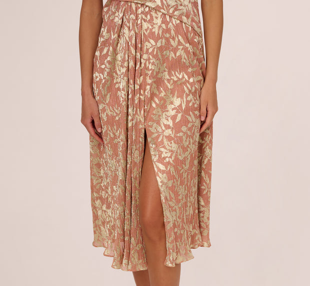 Aidan Mattox Flutter Sleeve Draped Foil Leaf Midi Dress In Coral Gold