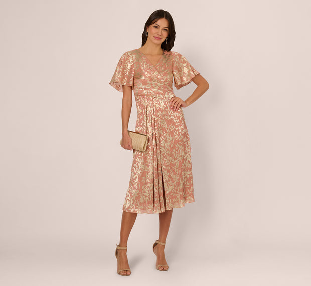 aidan mattox Flutter Sleeve Draped Foil Leaf Midi Dress In Coral Gold