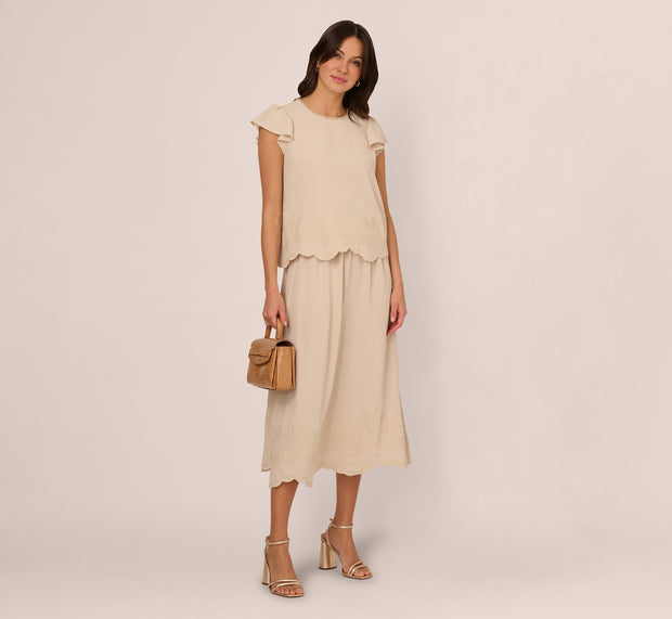 Aidan Mattox Flutter Sleeve Embroidery Scalloped Hem Top In Bamboo Wood