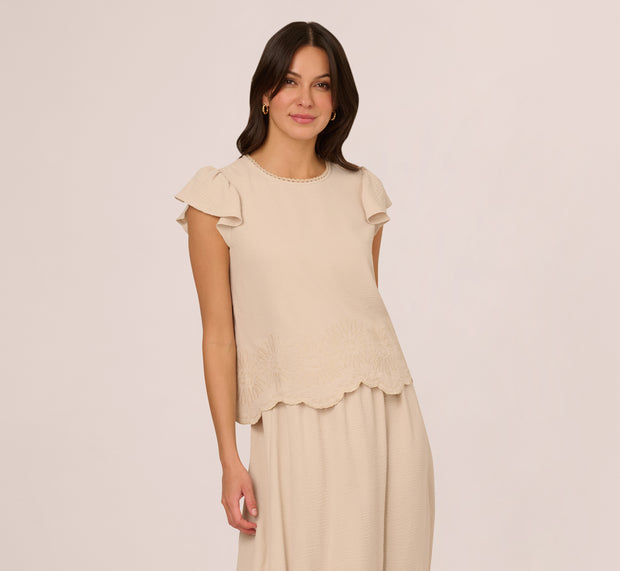 Aidan Mattox Flutter Sleeve Embroidery Scalloped Hem Top In Bamboo Wood