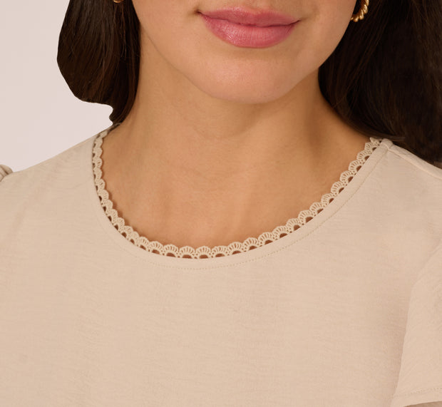 Aidan Mattox Flutter Sleeve Embroidery Scalloped Hem Top In Bamboo Wood