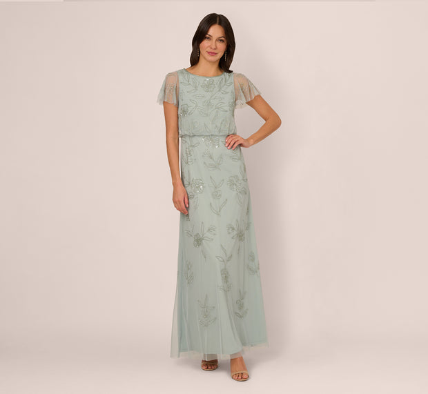Aidan Mattox Flutter Sleeve Floral Beaded Blouson Gown In Aqua Dust