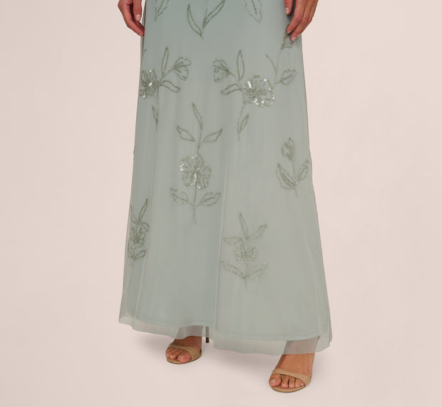 Aidan Mattox Flutter Sleeve Floral Beaded Blouson Gown In Aqua Dust