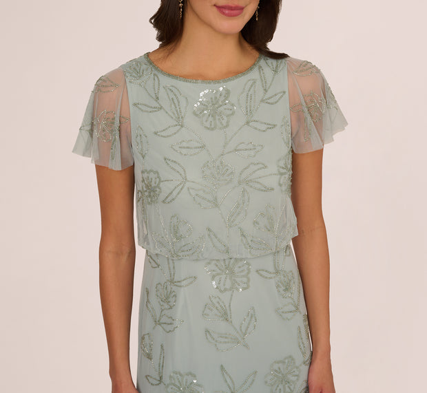 Aidan Mattox Flutter Sleeve Floral Beaded Blouson Gown In Aqua Dust