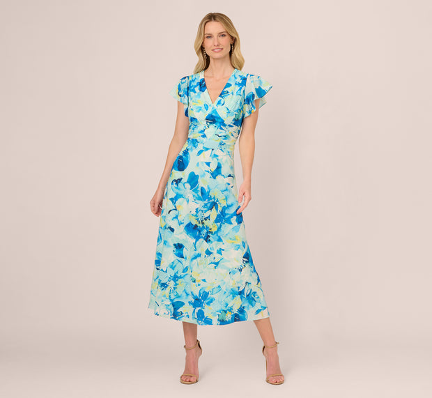 Aidan Mattox Flutter Sleeve Floral Chiffon Midi Dress In Blue Multi