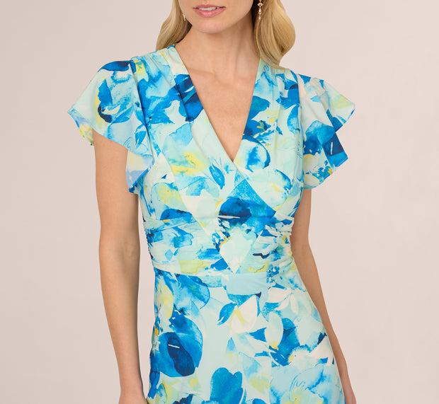 Aidan Mattox Flutter Sleeve Floral Chiffon Midi Dress In Blue Multi
